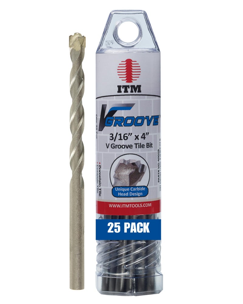 ITM V-GROOVE - VG-4002B - 3/16" X 4" - 25 Pack - Porcelain Tile Drill Bits - Carbide Tipped Drill Bits for Porcelain, Ceramic, Marble, Stone and Glass Tile - Image 1
